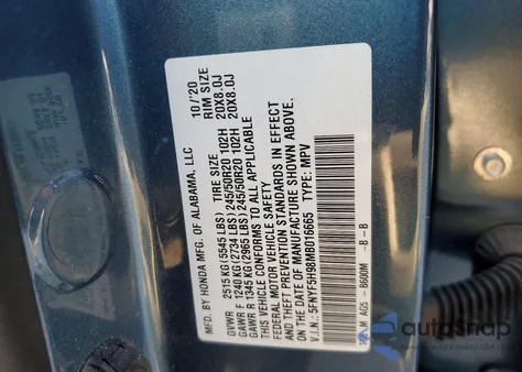 2021 Honda Pilot Touring z USA, uszkodzony, nr VIN 5FNYF5H98MB016665